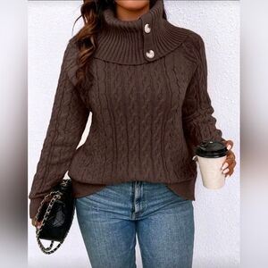 New Luxe Cable Knit Cowl Neck Sweater Long Sleeve PLUS Brown